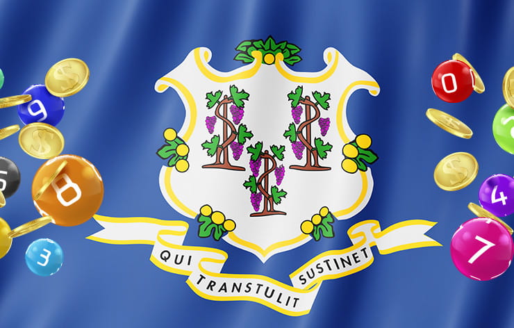 A banner with the state logo of Connecticut, some lottery balls, and gold coins.