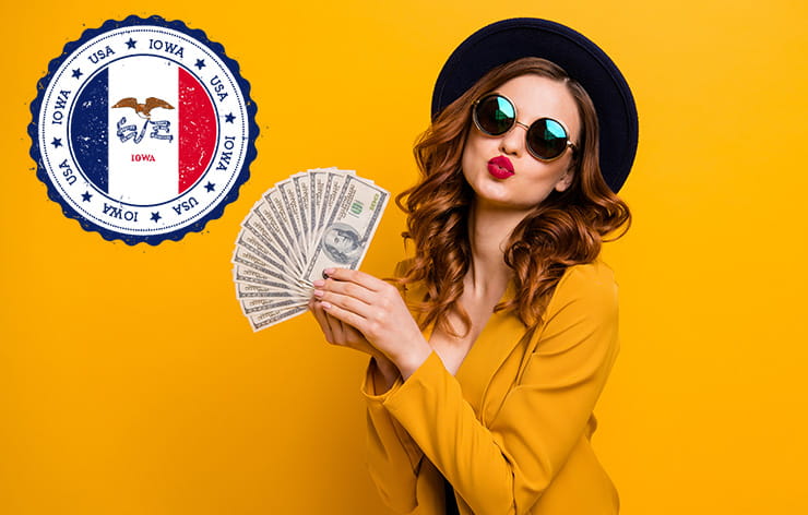 Iowa state seal and a woman holding a cash prize