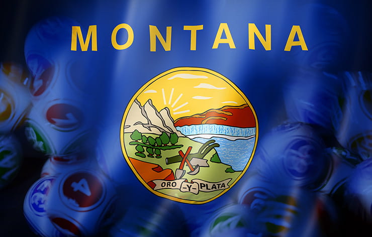 The Montana flag, with lottery balls in the background