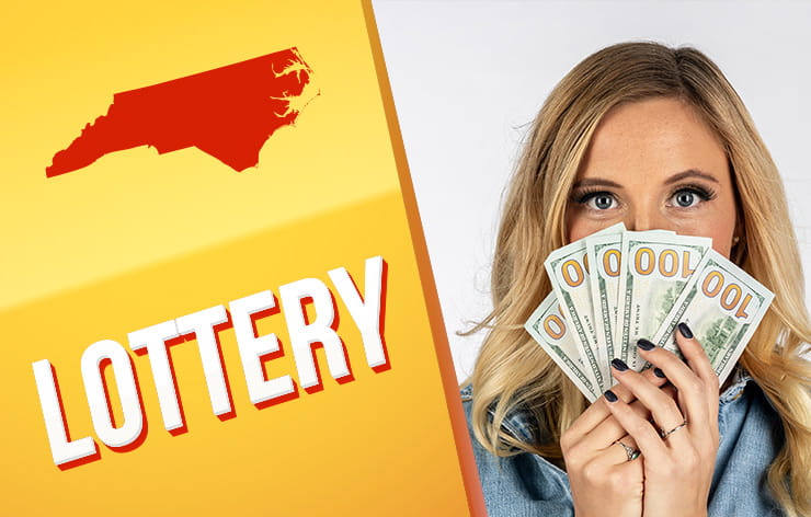 The North Carolina state outline, next to a woman holding a cash prize.
