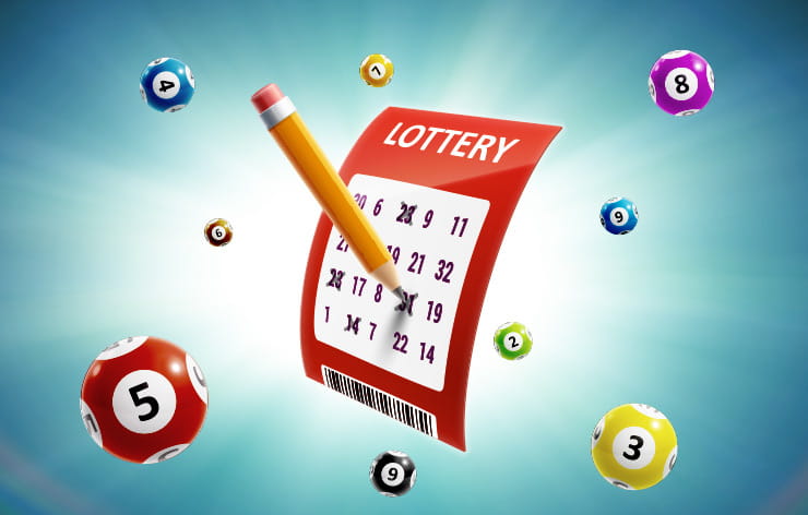 A lottery ticket, lottery balls and a pencil.