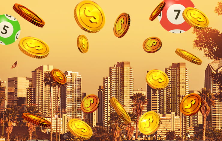 Golden coins and lottery balls on a city skyline background