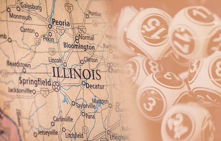 A map of the state and Illinois lottery balls.