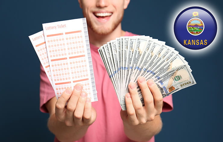 Kansas state seal and a man holding lottery tickets and a cash prize