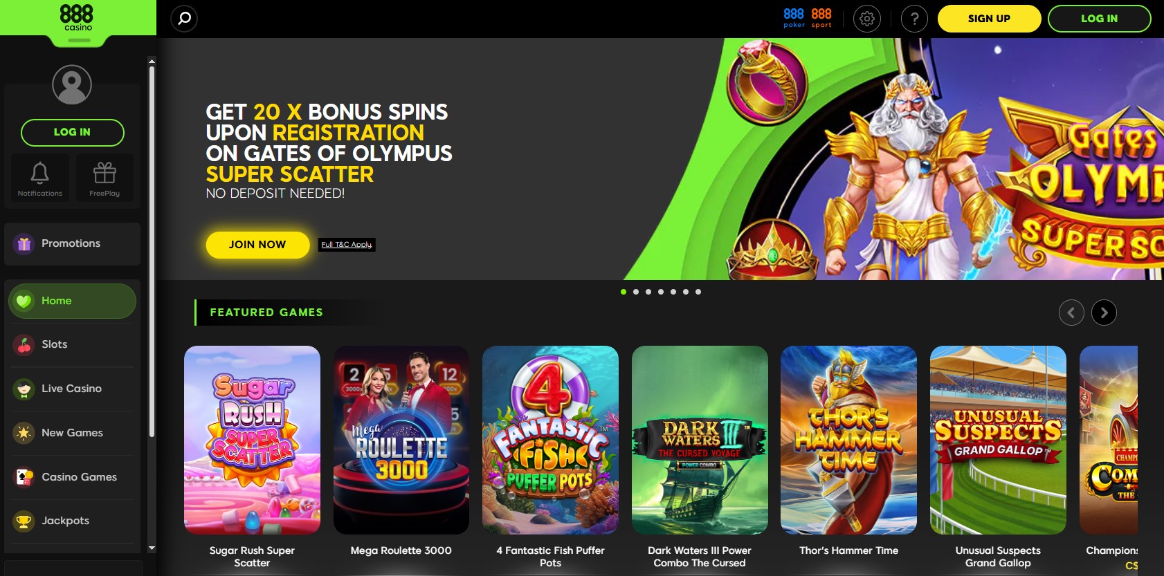888 Casino homepage screenshot