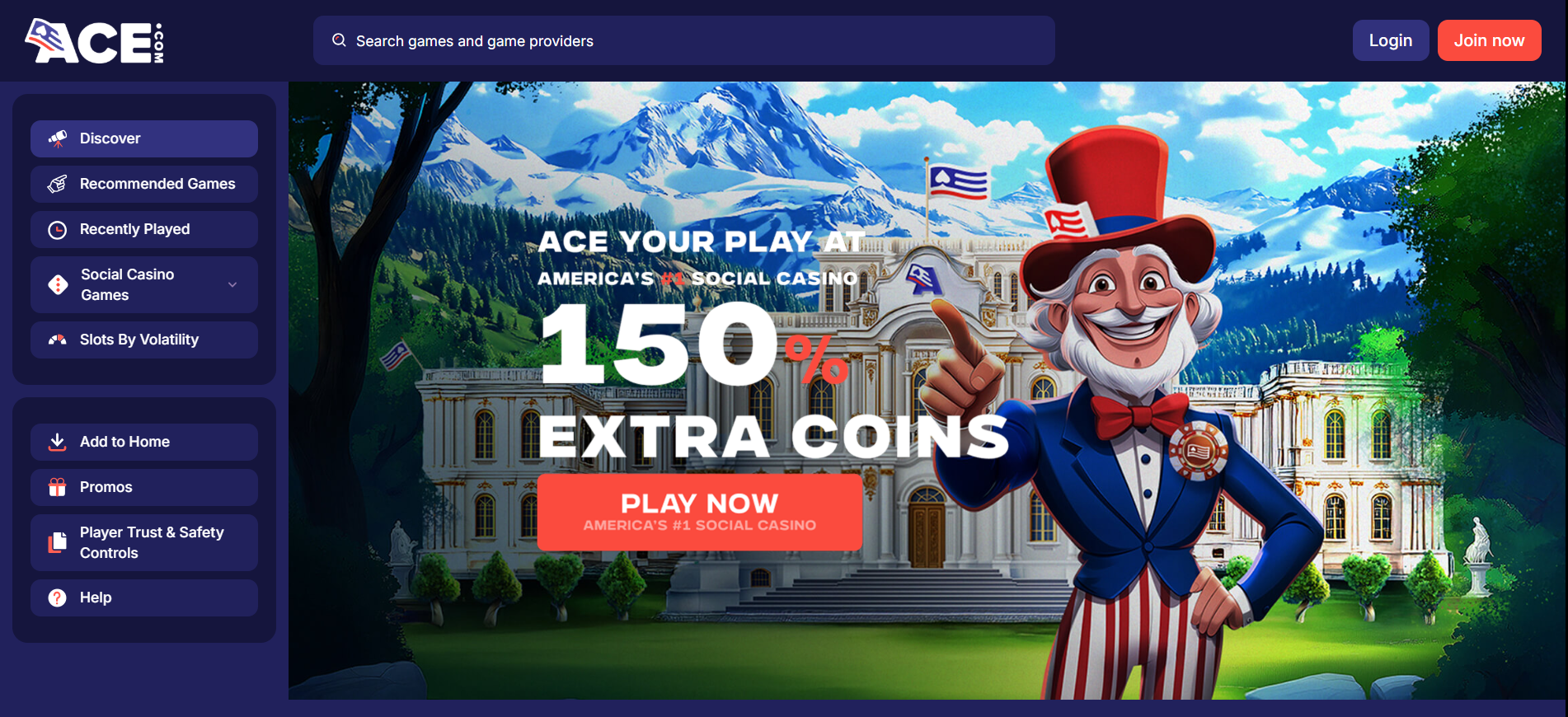 Ace Casino homepage screenshot