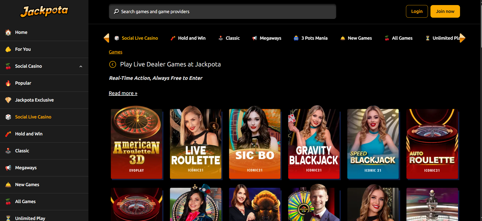 Jackpota live casino screenshot