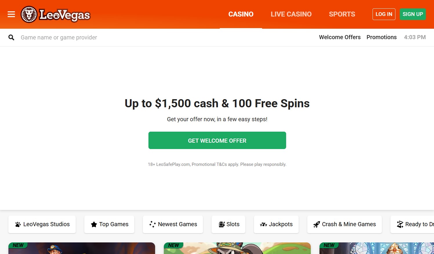 LeoVegas homepage screenshot