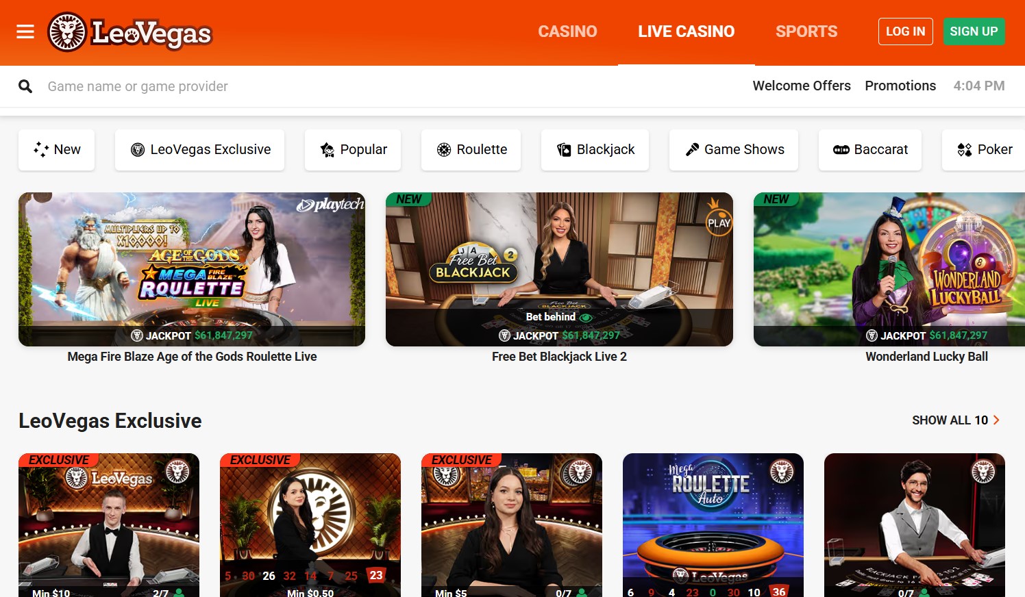 LeoVegas live casino screenshot