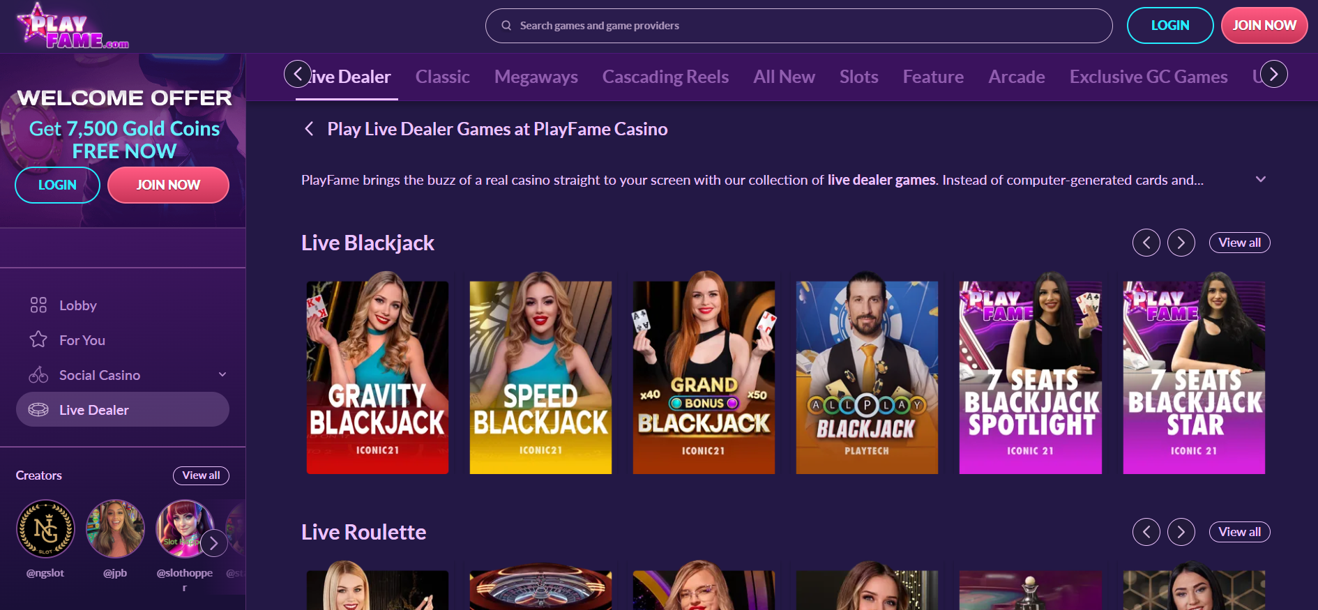 Play Fame live casino screenshot