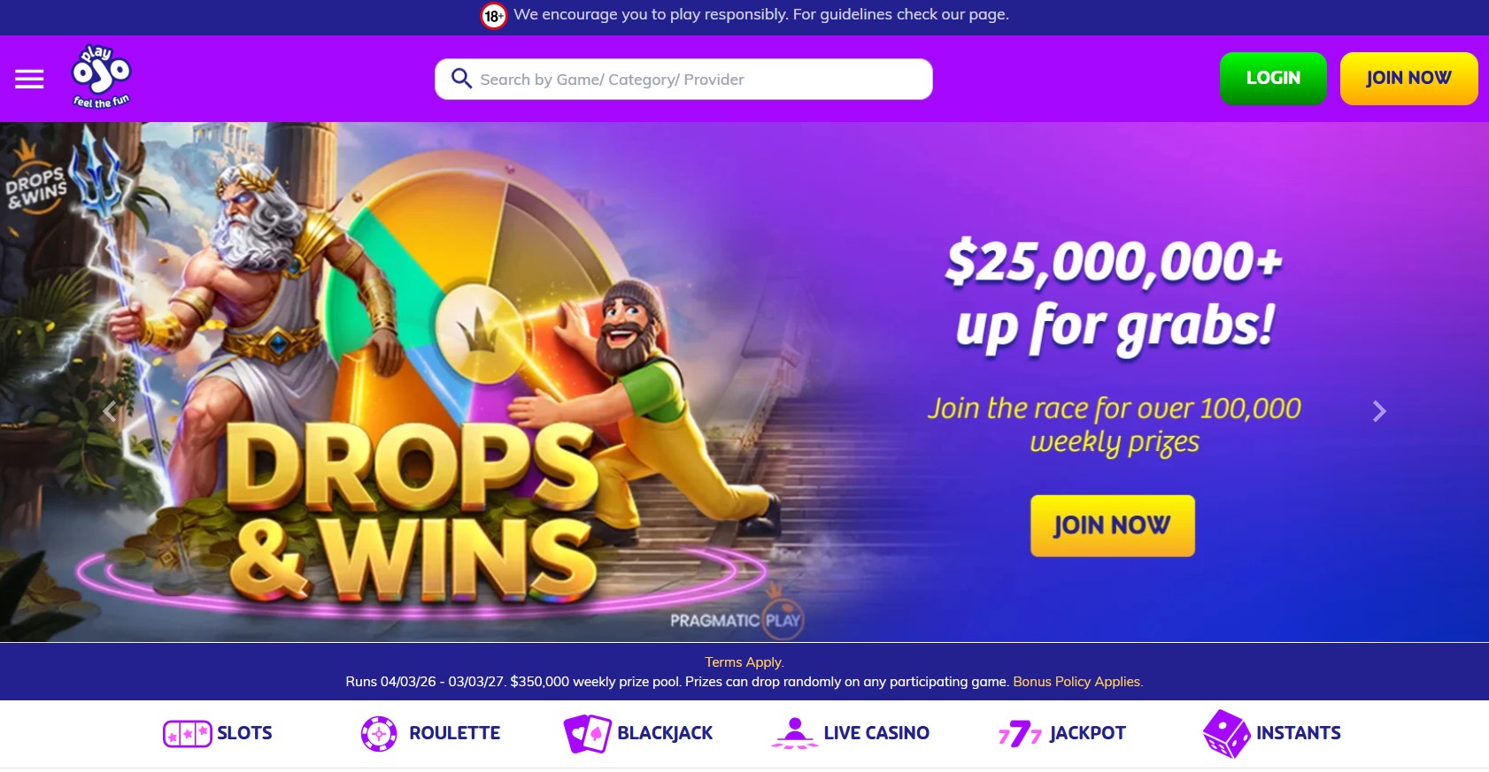 PlayOJO homepage screenshot