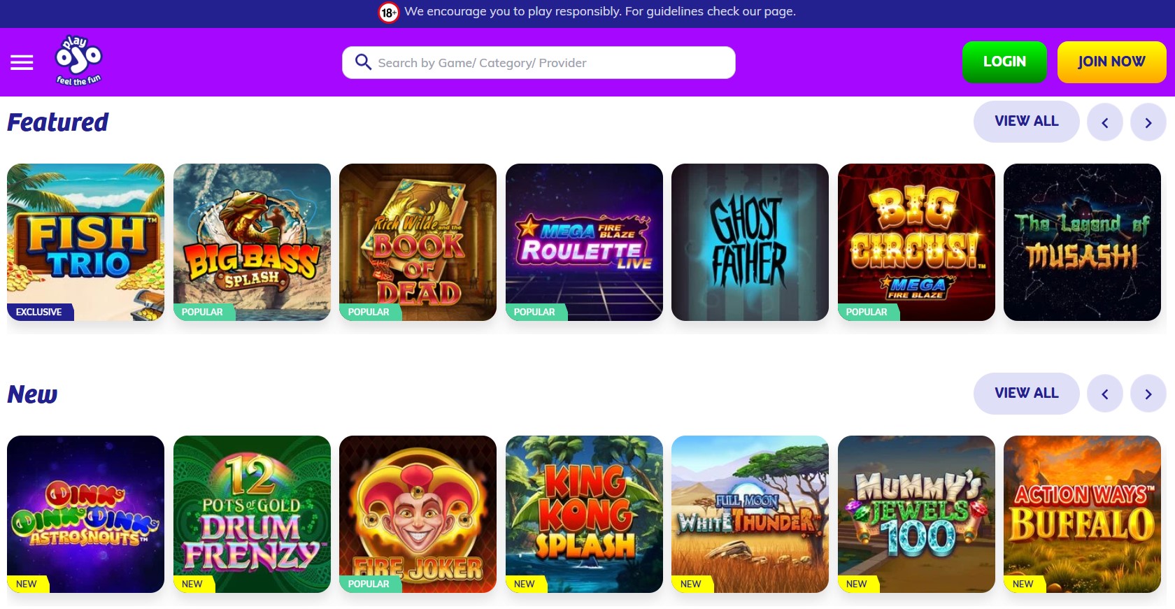 PlayOJO slots screenshot