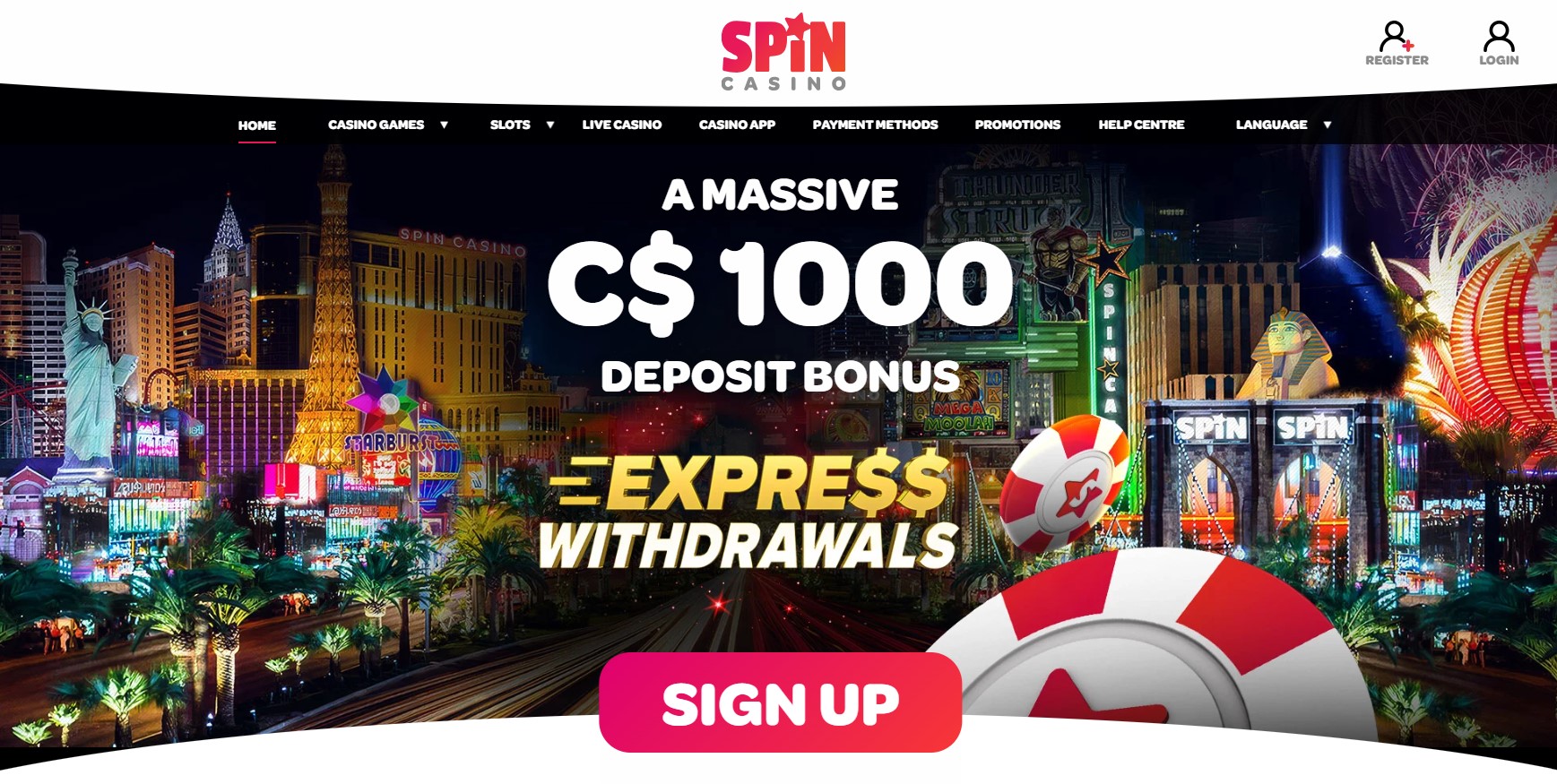 Spin Casino homepage screenshot