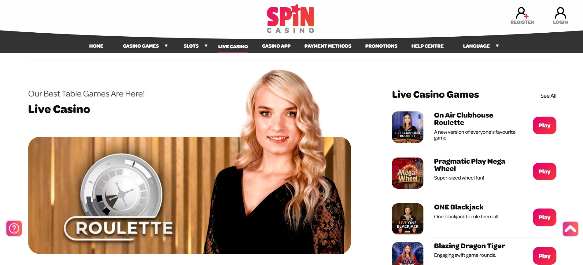 Spin Casino live casino screenshot